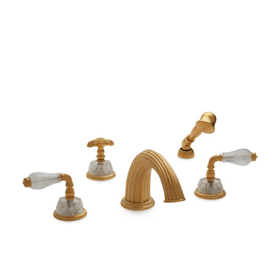 1029DTS821-RKCR-GP Sherle Wagner International Semiprecious Fluted Lever Deck Mount Tub Set with Hand Shower in Gold Plate metal finish with Rock Crystal inserts