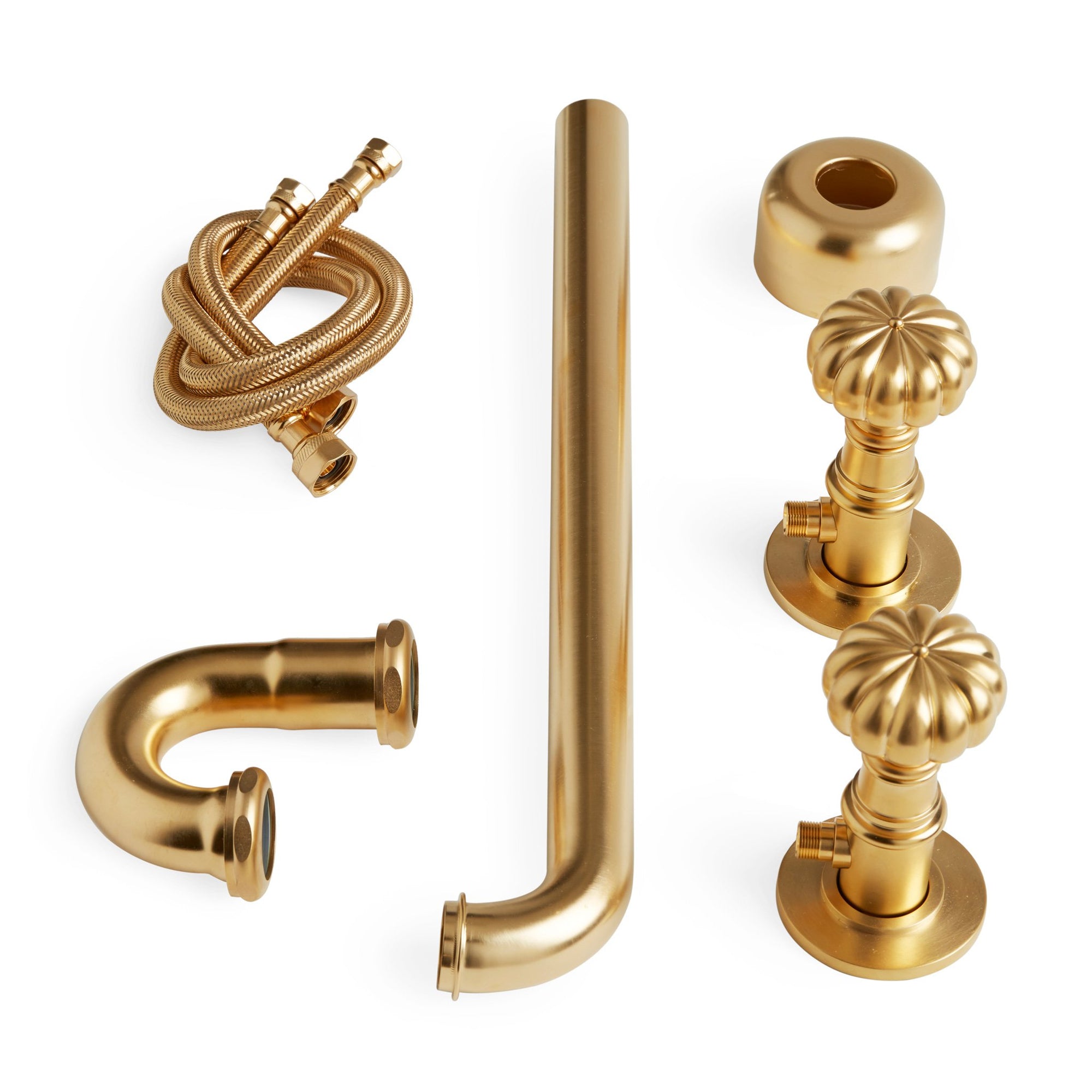 2951-EXT-0910-GP Sherle Wagner International Pair of Melon Knob Shut off Valves with Extended P-Trap in Gold Plate metal finish