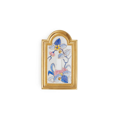 0470-SWT-56BL-WH-GP Sherle Wagner International Classical Ceramic Single Switch Plate Mums Blue on White in Gold Plate metal finish