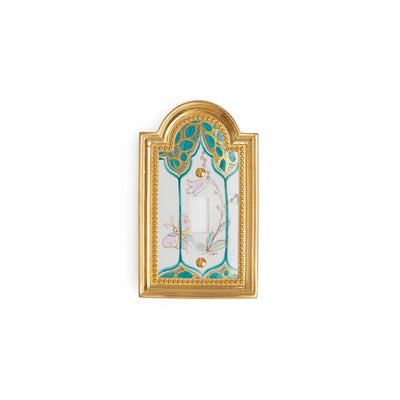0470-SWT-60GR-WH-GP Sherle Wagner International Classical Ceramic Single Switch Plate Chinoiserie Green on White in Gold Plate metal finish