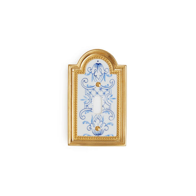 0470-SWT-66DL-WH-GP Sherle Wagner International Classical Ceramic Single Switch Plate Delft on White in Gold Plate metal finish