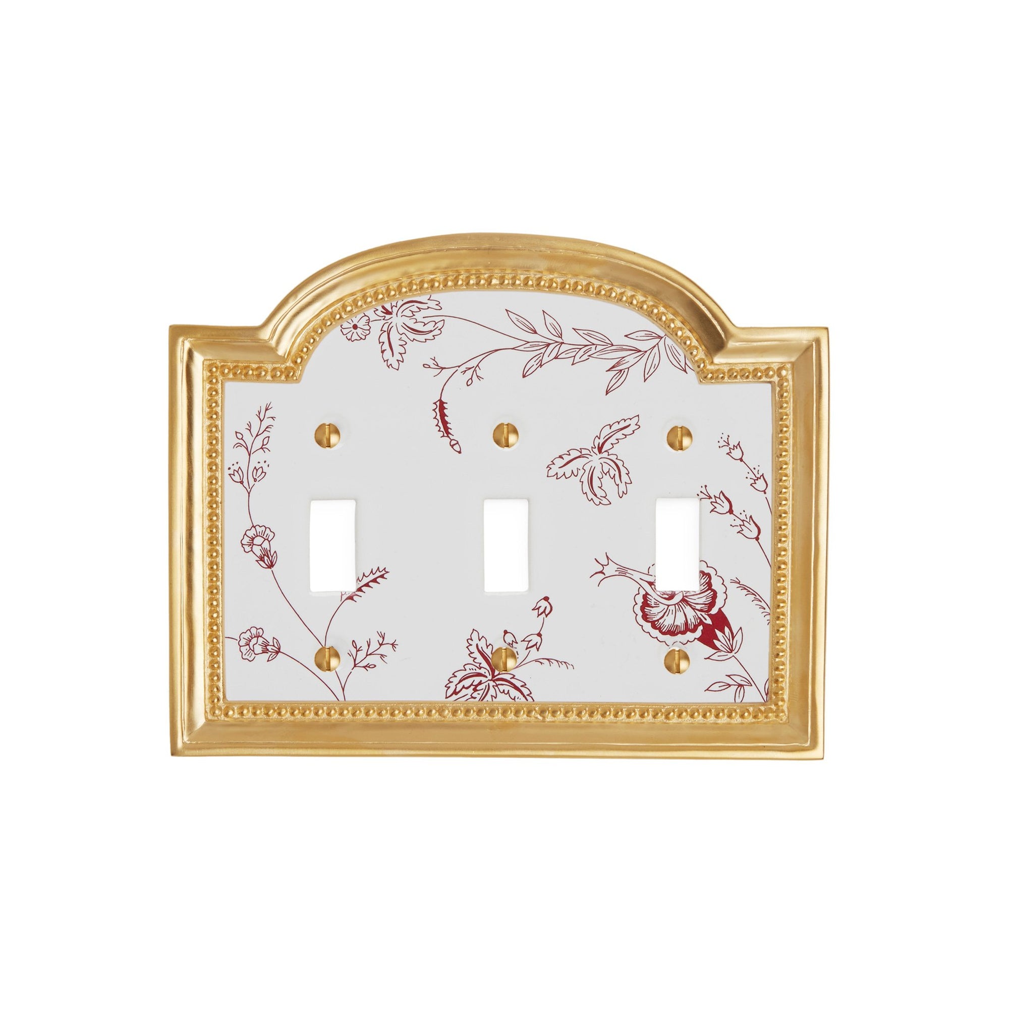 0470T-SWT-89GA-WH-GP Sherle Wagner International Classical Ceramic Triple Switch Plate Le Jardin Garnet on White in Gold Plate metal finish