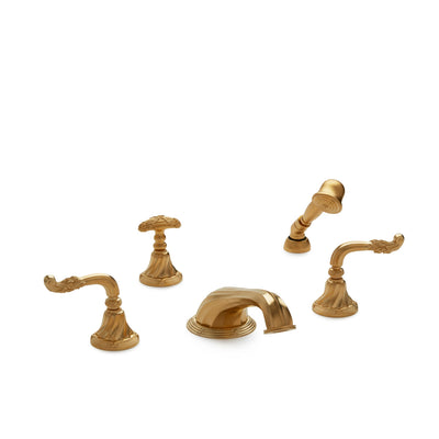 0912DTS818-GP Sherle Wagner International Ribbon & Reed Lever Deck Mount Tub Set with Hand Shower in Gold Plate metal finish