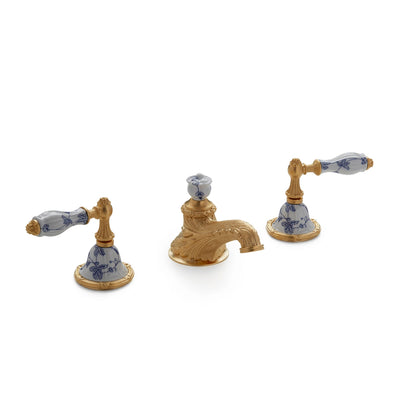 0914BSN819-89BL-WH-GP Sherle Wagner International Scalloped Ceramic Empire Lever Faucet Set in Gold Plate metal finish in Le Jardin Blue painted on White