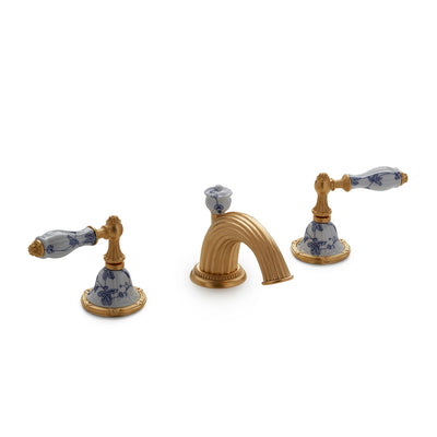 0914BSN821-89BL-WH-GP Sherle Wagner International Scalloped Ceramic Empire Lever Faucet Set in Gold Plate metal finish in Le Jardin Blue painted on White