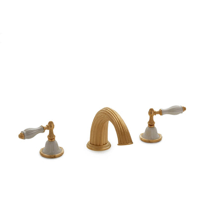0914DKT821-03SD-GP Sherle Wagner International Scalloped Ceramic Empire Lever Deck Mount Tub Set in Gold Plate metal finish with Sand Glaze inserts