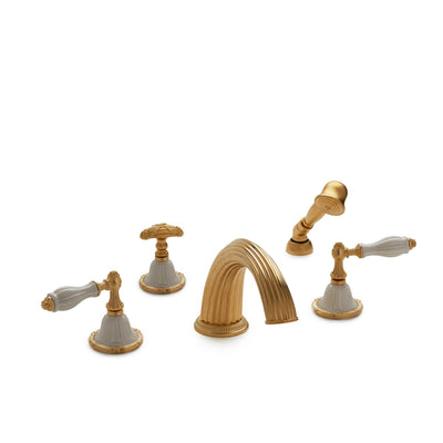 0914DTS813-03SD-GP Sherle Wagner International Scalloped Ceramic Empire Lever Deck Mount Tub Set with Hand Shower in Gold Plate metal finish with Sand Glaze inserts