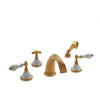 0914DTS813-04WH-GP Sherle Wagner International Provence Ceramic Empire Lever Deck Mount Tub Set with Hand Shower in Gold Plate metal finish with White Glaze inserts
