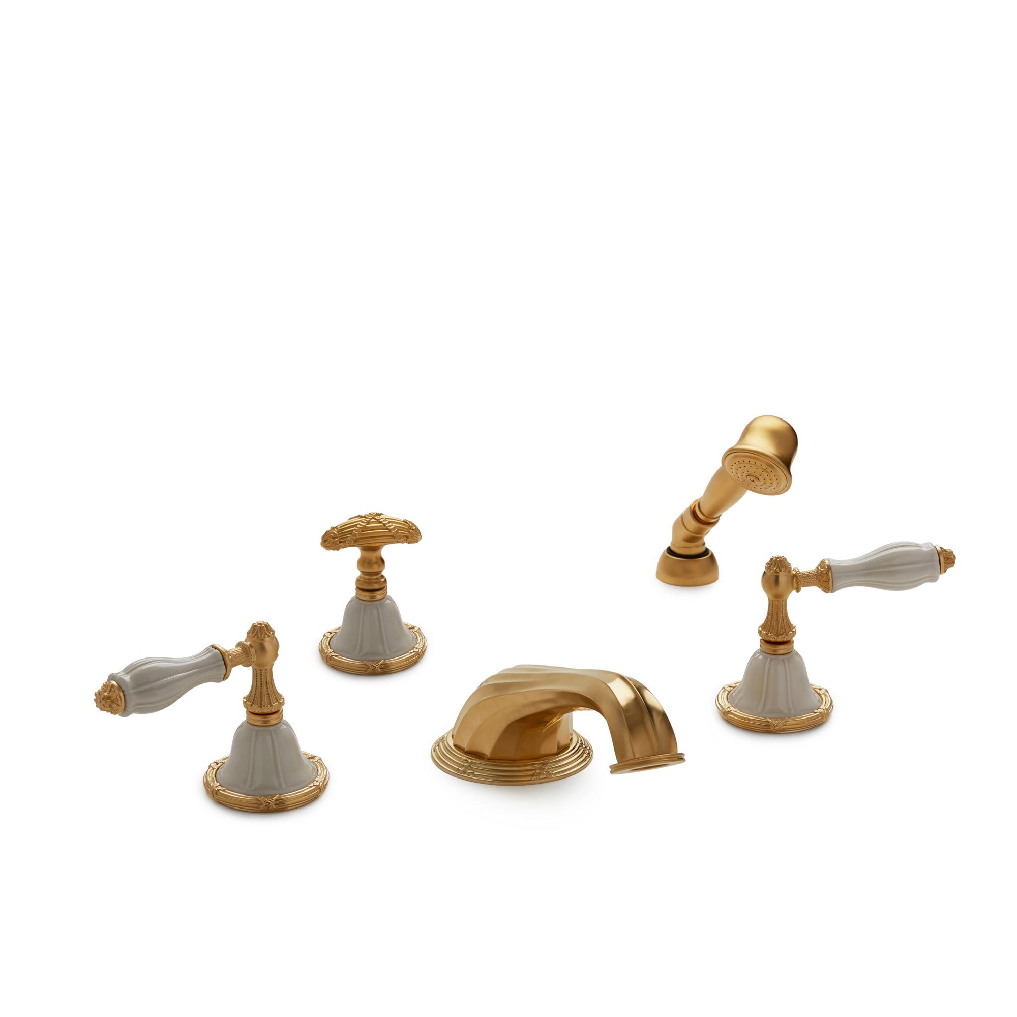 0914DTS818-03SD-GP Sherle Wagner International Scalloped Ceramic Empire Lever Deck Mount Tub Set with Hand Shower in Gold Plate metal finish with Sand Glaze inserts