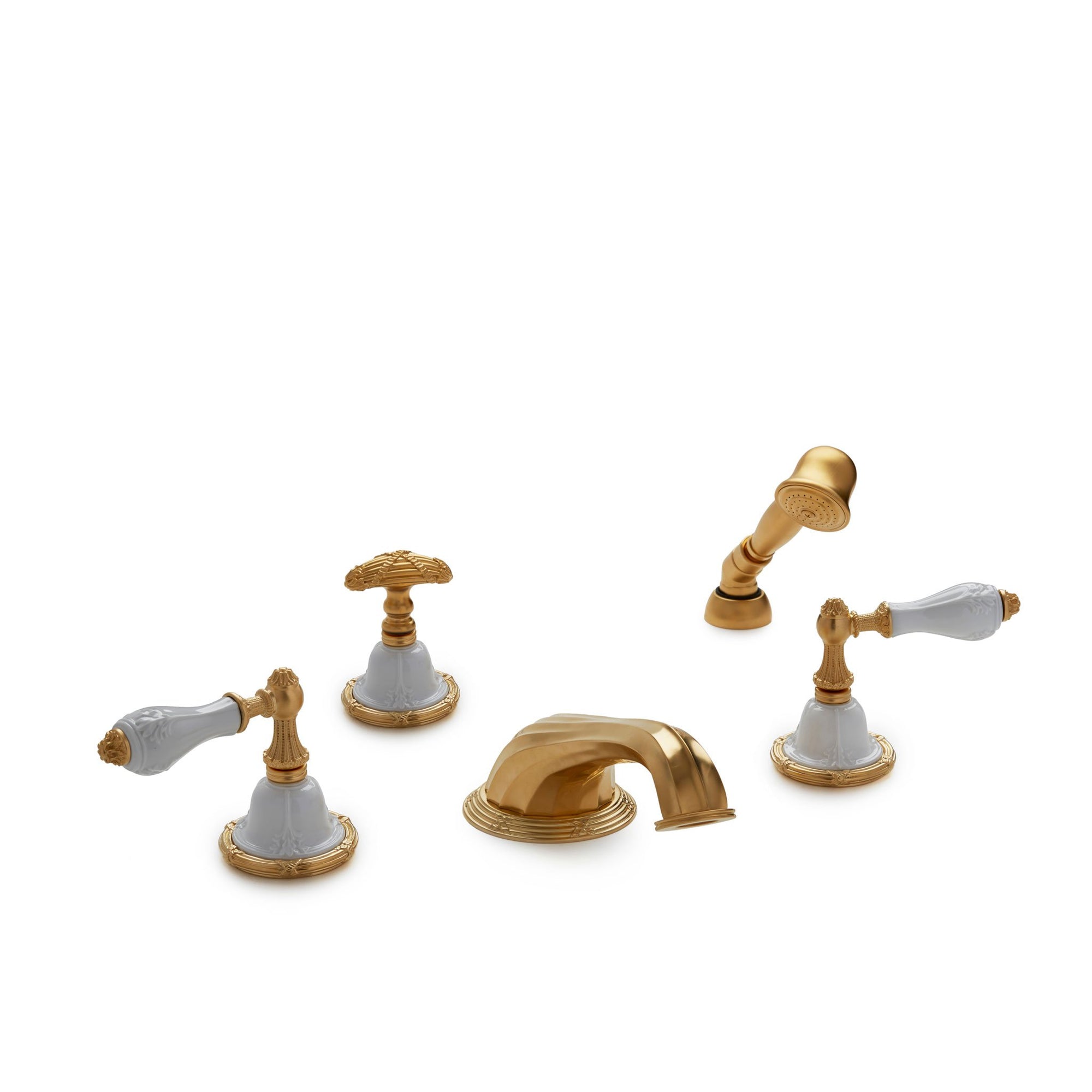 0914DTS818-04WH-GP Sherle Wagner International Provence Ceramic Empire Lever Deck Mount Tub Set with Hand Shower in Gold Plate metal finish with White Glaze inserts