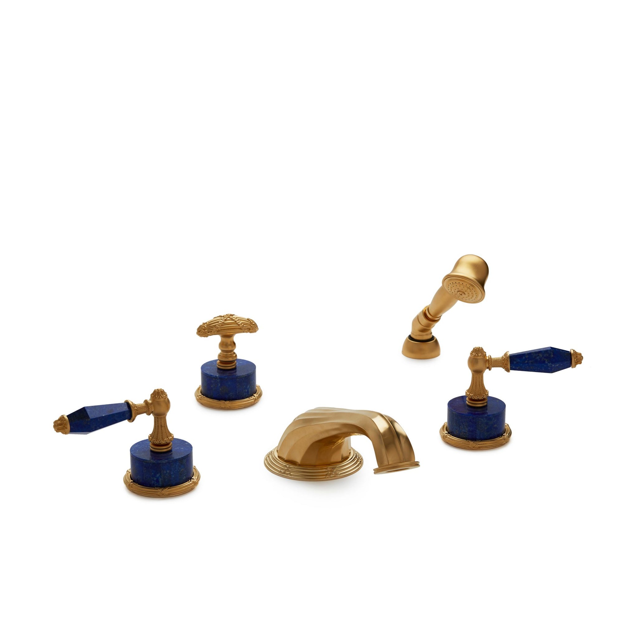 0914DTS818-LAPI-GP Sherle Wagner International Semiprecious Empire Lever Deck Mount Tub Set with Hand Shower in Gold Plate metal finish with Lapis Lazuli Semiprecious inserts