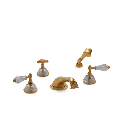 0914DTS818-RKCR-GP Sherle Wagner International Semiprecious Empire Lever Deck Mount Tub Set with Hand Shower in Gold Plate metal finish with Rock Crystal inserts