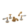 0914DTS819-04WH-GP Sherle Wagner International Provence Ceramic Empire Lever Deck Mount Tub Set with Hand Shower in Gold Plate metal finish with White Glaze inserts