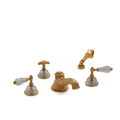 0914DTS819-RKCR-GP Sherle Wagner International Semiprecious Empire Lever Deck Mount Tub Set with Hand Shower in Gold Plate metal finish with Rock Crystal inserts