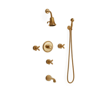 Sherle Wagner International Grey Series I Cross Handle High Flow Thermostatic Shower and Tub System in Gold Plate metal finish