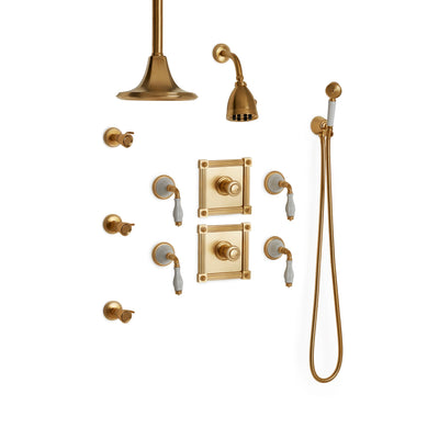 Sherle Wagner International Scalloped Ceramic High Flow Thermostatic Shower System in Gold Plate metal finish with White Glaze inserts