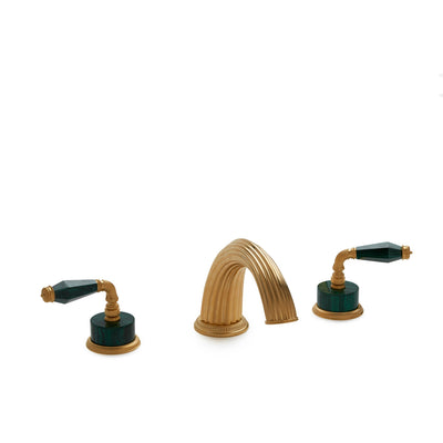1029DKT813-MALA-GP Sherle Wagner International Semiprecious Fluted Lever Deck Mount Tub Set in Gold Plate metal finish with Malachite Semiprecious inserts