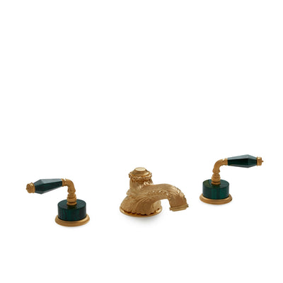 1029DKT819-MALA-GP Sherle Wagner International Semiprecious Fluted Lever Deck Mount Tub Set in Gold Plate metal finish with Malachite Semiprecious inserts