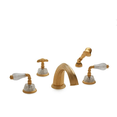 1029DTS813-RKCR-GP Sherle Wagner International Semiprecious Fluted Lever Deck Mount Tub Set with Hand Shower in Gold Plate metal finish with Rock Crystal inserts