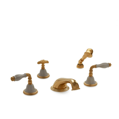 1029DTS818-03SD-GP Sherle Wagner International Scalloped Ceramic Fluted Lever Deck Mount Tub Set with Hand Shower in Gold Plate metal finish with Sand Glaze inserts