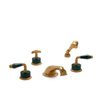 1029DTS818-MALA-GP Sherle Wagner International Semiprecious Fluted Lever Deck Mount Tub Set with Hand Shower in Gold Plate metal finish with Malachite Semiprecious inserts