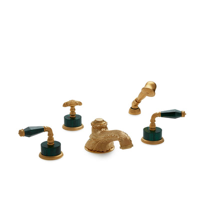 1029DTS819-MALA-GP Sherle Wagner International Semiprecious Fluted Lever Deck Mount Tub Set with Hand Shower in Gold Plate metal finish with Malachite Semiprecious inserts