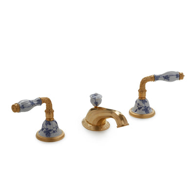 1030BSN818-89BL-WH-GP Sherle Wagner International Scalloped Ceramic Laurel Lever Faucet Set in Gold Plate metal finish in Le Jardin Blue painted on White