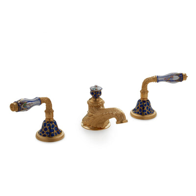 1030BSN819-60BL-WH-GP Sherle Wagner International Scalloped Ceramic Laurel Lever Faucet Set in Gold Plate metal finish in Chinoiserie Blue painted on White