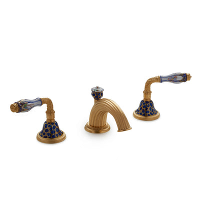 1030BSN821-60BL-WH-GP Sherle Wagner International Scalloped Ceramic Laurel Lever Faucet Set in Gold Plate metal finish in Chinoiserie Blue painted on White