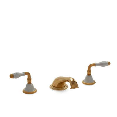 1030DKT818-03WH-GP Sherle Wagner International Scalloped Ceramic Laurel Lever Deck Mount Tub Set in Gold Plate metal finish with White Glaze inserts