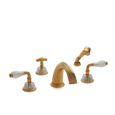 1030DTS813-RKCR-GP Sherle Wagner International Semiprecious Laurel Lever Deck Mount Tub Set with Hand Shower in Gold Plate metal finish with Rock Crystal inserts