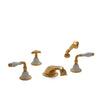 1030DTS818-03WH-GP Sherle Wagner International Scalloped Ceramic Laurel Lever Deck Mount Tub Set with Hand Shower in Gold Plate metal finish with White Glaze inserts
