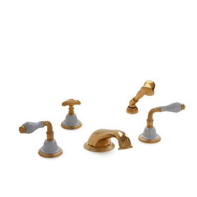 1030DTS818-04WH-GP Sherle Wagner International Provence Ceramic Laurel Lever Deck Mount Tub Set with Hand Shower in Gold Plate metal finish with White Glaze inserts