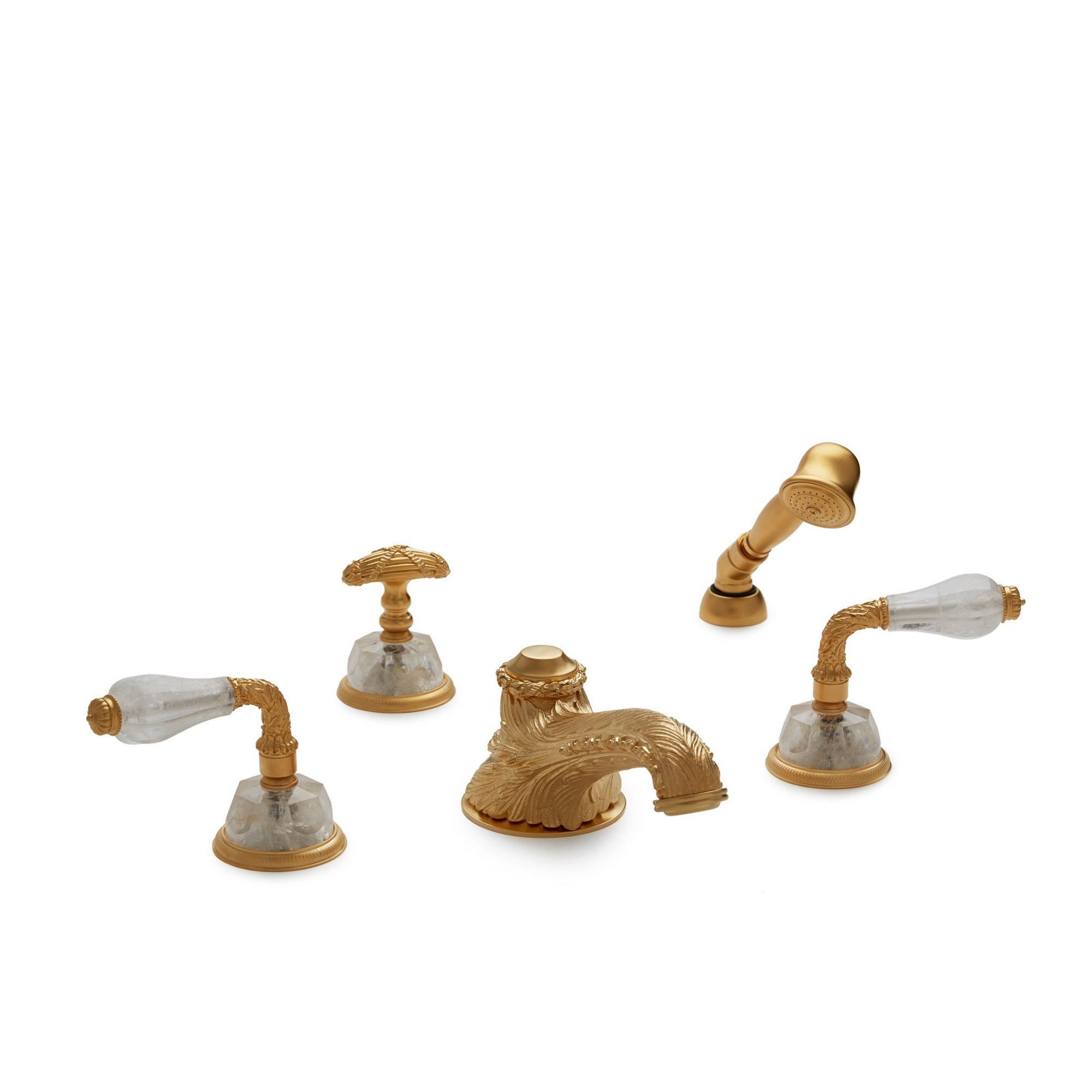 1030DTS819-RKCR-GP Sherle Wagner International Semiprecious Laurel Lever Deck Mount Tub Set with Hand Shower in Gold Plate metal finish with Rock Crystal inserts