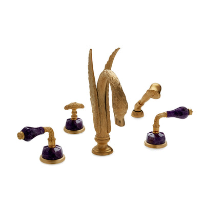 1030DTS820-AMET-GP Sherle Wagner International Swan with Semiprecious Laurel Lever Deck Mount Tub Set with Hand Shower in Gold Plate metal finish with Amethyst inserts