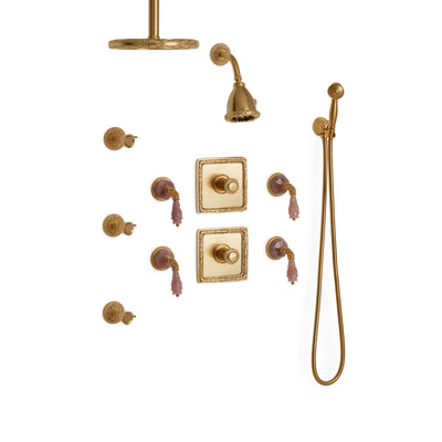 Sherle Wagner International Semiprecious Leaves High Flow Thermostatic Shower System in Gold Plate metal finish with Rose Quartz inserts