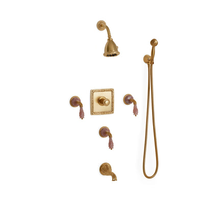Sherle Wagner International Semiprecious Leaves High Flow Thermostatic Shower and Tub System in Gold Plate metal finish with Rose Quartz inserts