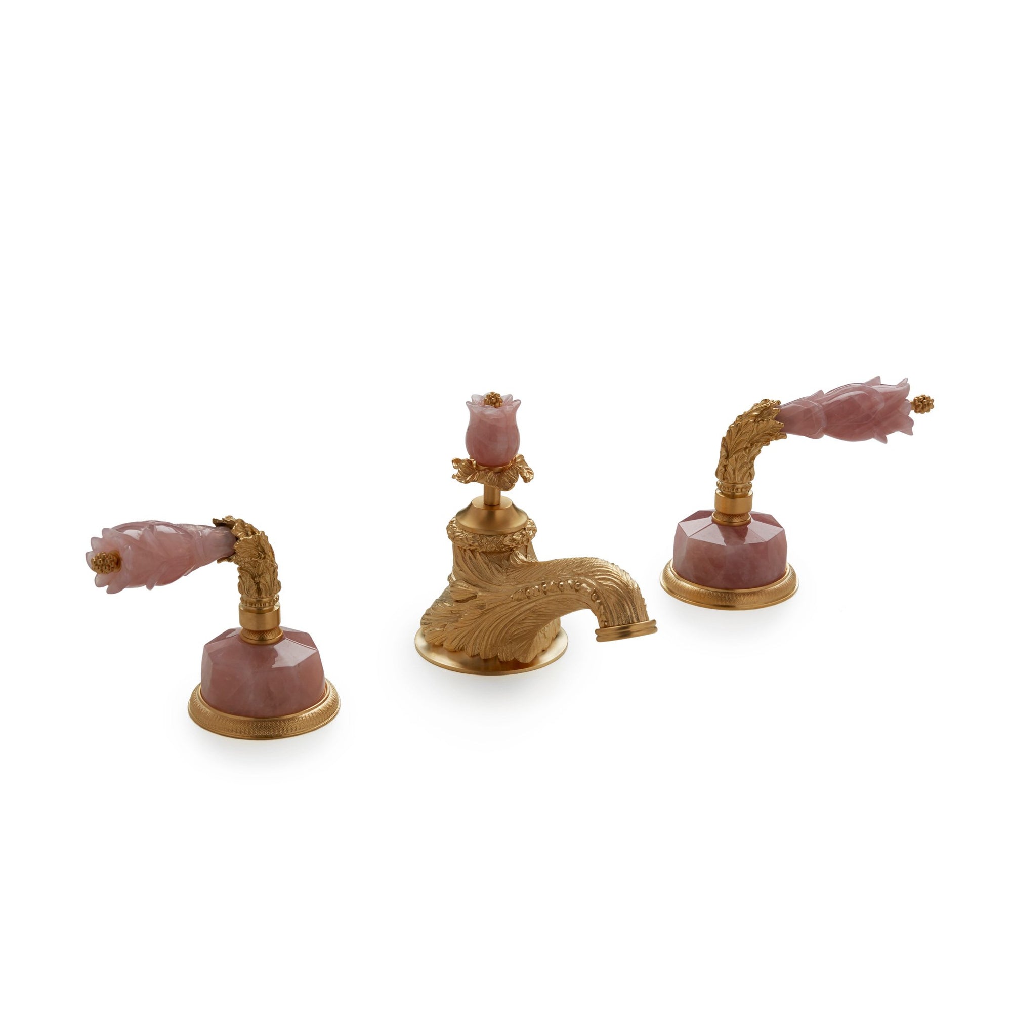 1040BSN819-RSQU-GP Sherle Wagner International Semiprecious Leaves Lever Faucet Set in Gold Plate metal finish with Rose Quartz inserts