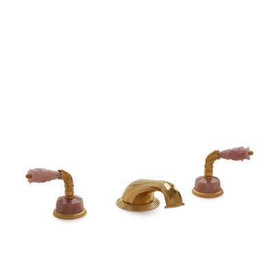 1040DKT818-RSQU-GP Sherle Wagner International Semiprecious Leaves Lever Deck Mount Tub Set in Gold Plate metal finish with Rose Quartz inserts