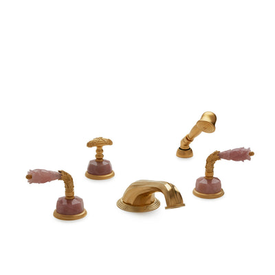 1040DTS818-RSQU-GP Sherle Wagner International Semiprecious Leaves Lever Deck Mount Tub Set with Hand Shower in Gold Plate metal finish with Rose Quartz inserts