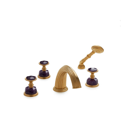 1065DTS813-AMET-GP Sherle Wagner International Semiprecious Knurled Knob Deck Mount Tub Set with Hand Shower in Gold Plate metal finish with Amethyst inserts