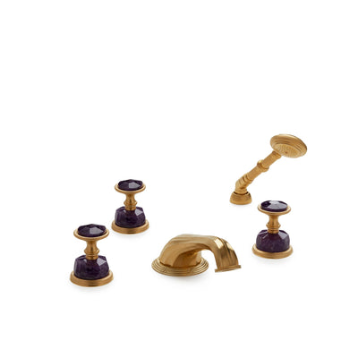 1065DTS818-AMET-GP Sherle Wagner International Semiprecious Knurled Knob Deck Mount Tub Set with Hand Shower in Gold Plate metal finish with Amethyst inserts