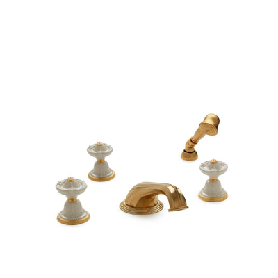 1097DTS818-04SD-GP Sherle Wagner International Provence Ceramic Knob Deck Mount Tub Set with Hand Shower in Gold Plate metal finish with Sand Glaze inserts