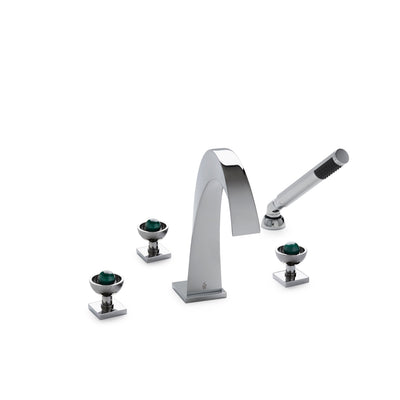 2106DTS308-MALA-CP Sherle Wagner International Arco with Saturn Knob Deck Mount Tub Set with Hand Shower with Semiprecious Malachite inserts in Polished Chrome metal finish