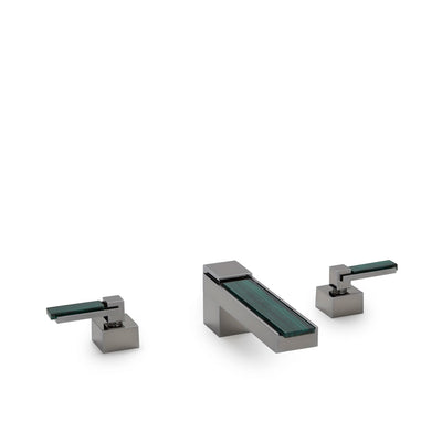 2120DKT801-MALA-CP Sherle Wagner International Apollo Lever Deck Mount Tub Set with Semiprecious Malachite inserts in Polished Chrome metal finish