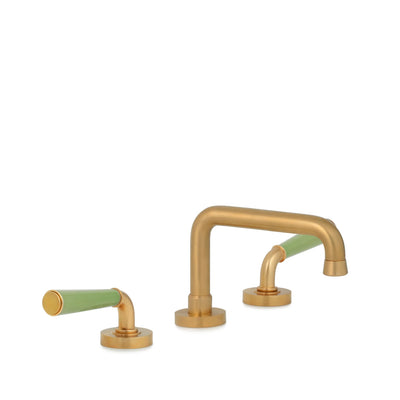 2171BSN806-GR02-BG Sherle Wagner International Leaf Green insert Dorian II Ceramic Lever Faucet Set in Burnished Gold metal finish