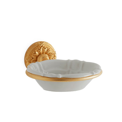 3201-3362-WHT-GP Sherle Wagner International Ribbon & Reed Soap Dish Holder in Gold Plate metal finish with scalloped ceramic white soap dish