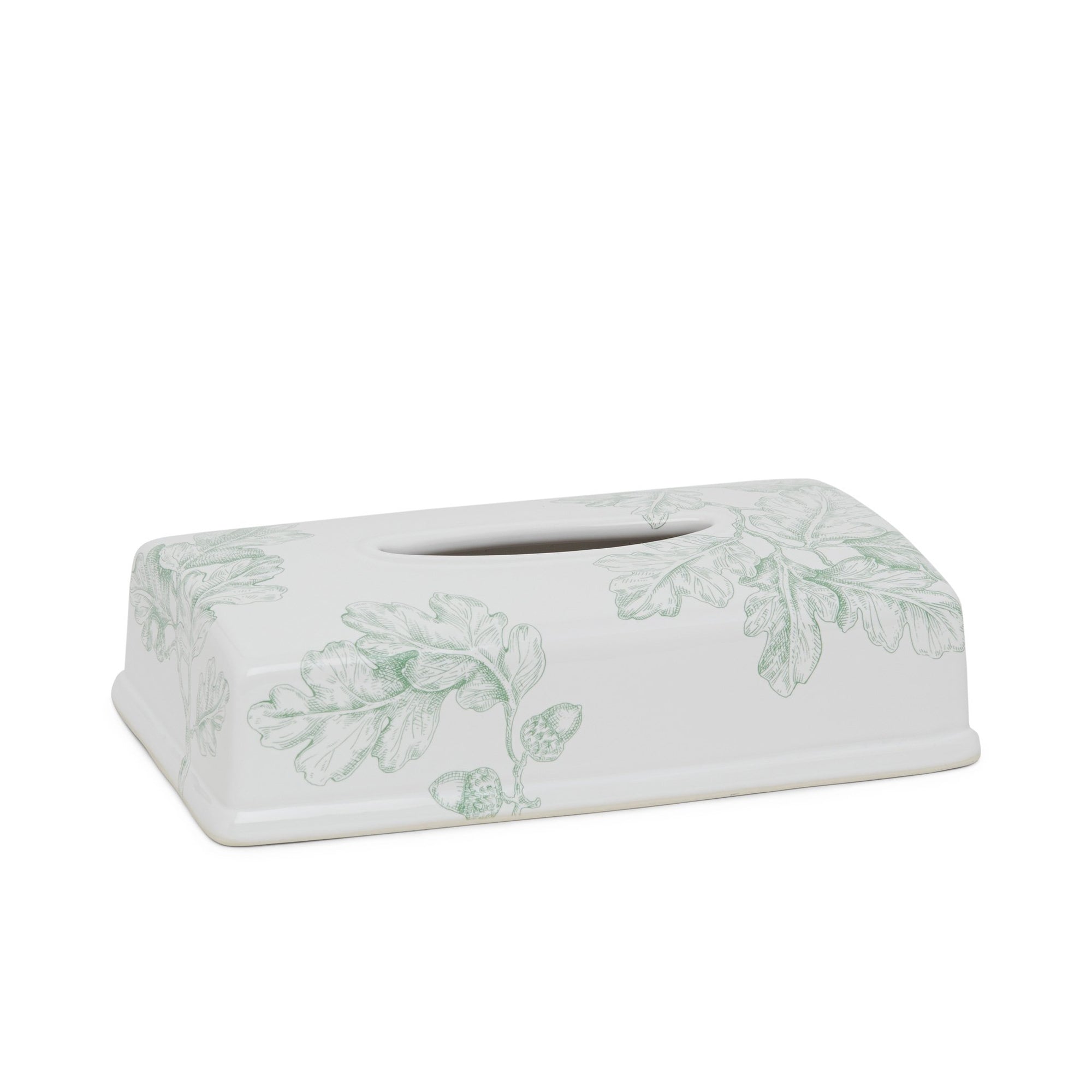 3400-99SG-WH Sherle Wagner International Ceramic Elongated Tissue Box Cover with Acorn & Oakleaf Sage on White