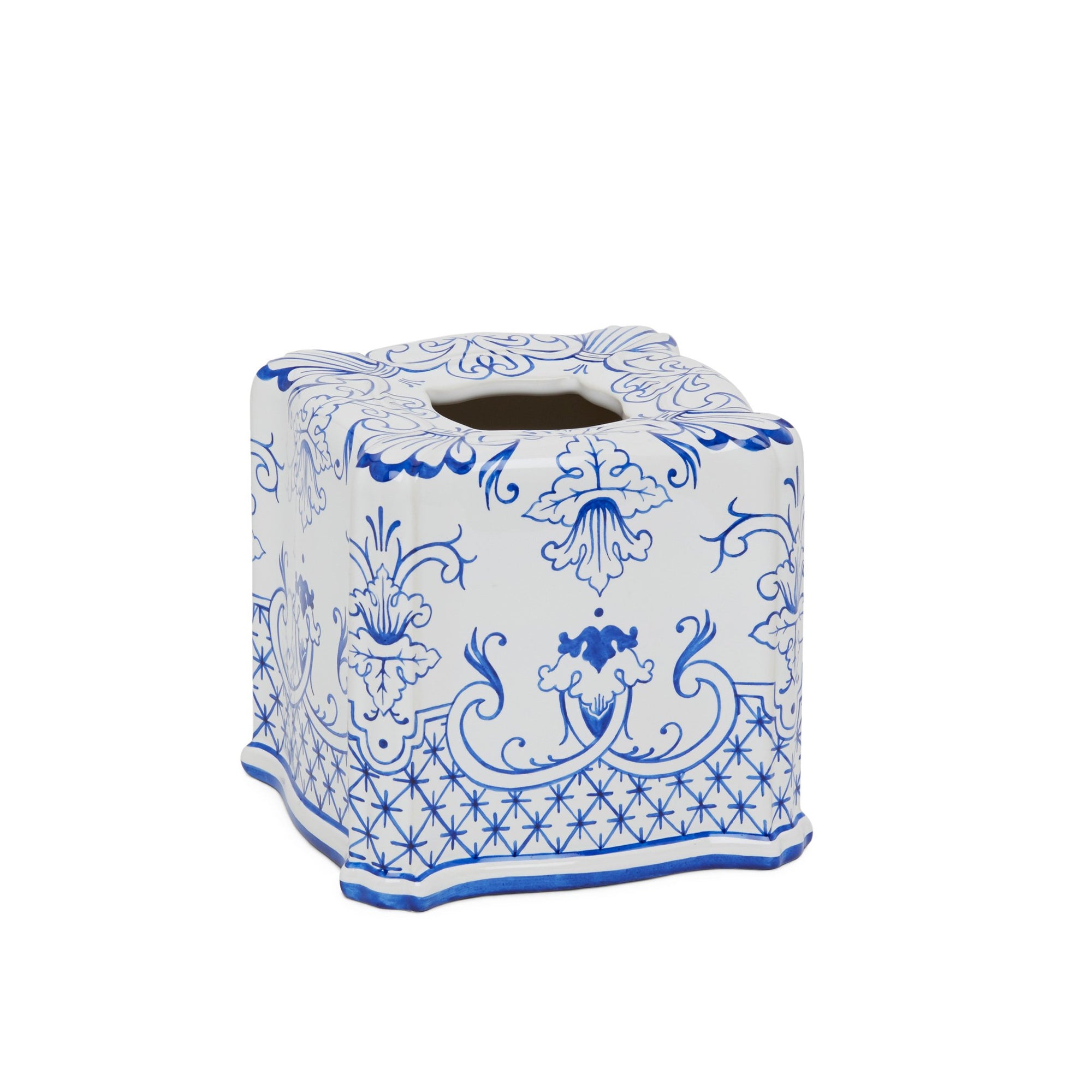 3413B-66DL-WH Sherle Wagner International Ceramic Elongated Tissue Box Cover with Delft on White