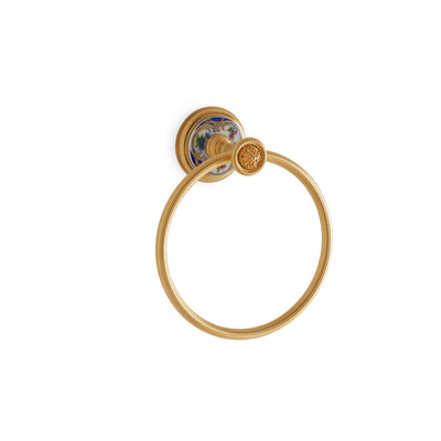 3442-61BL-WH-GP Sherle Wagner International Knurled Towel Ring with Floral Chinoiserie Blue insert in Gold Plate metal finish